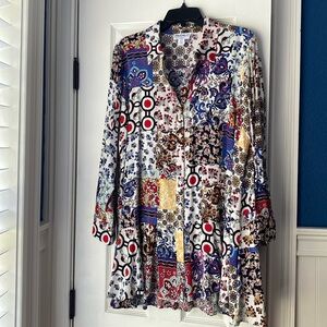 NWOT floral patchwork flounce hem long sleeve collared button up tunic
